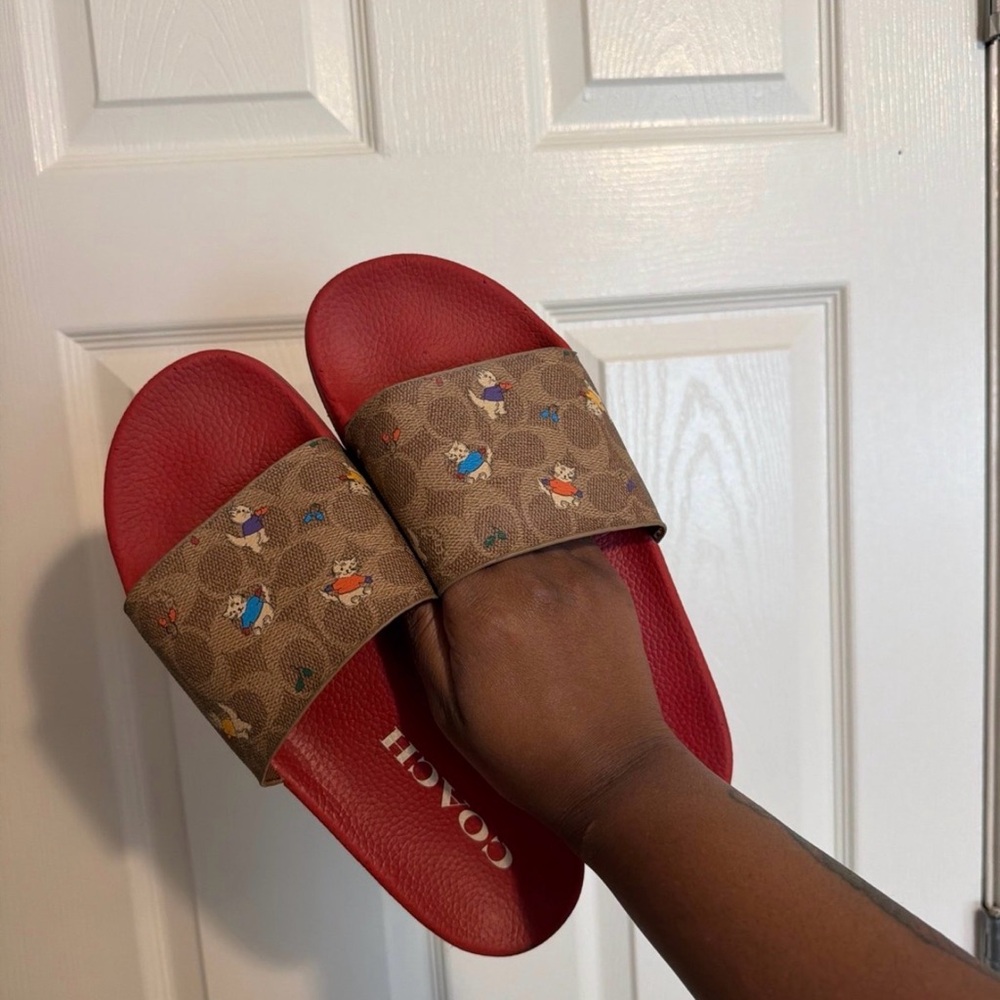 COACH' Red Signature Slide Sandals